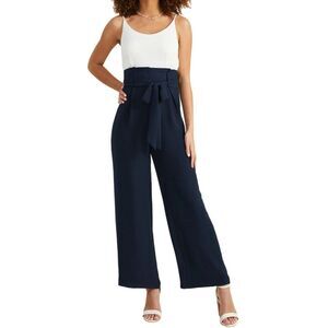 Altar'd State Tori Jumpsuit Womens S White Blue Tie Waist Wide Leg Resort Casual